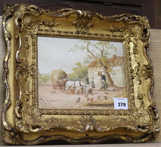 After Birket Foster, watercolour, haycart beside a tavern, bears monogram, 19 x 24cm
